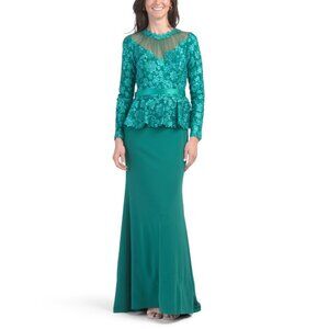 Tadashi Shoji Lata Embroidered Belted Peplum Gown, Emeral Green, Size 2, NWT